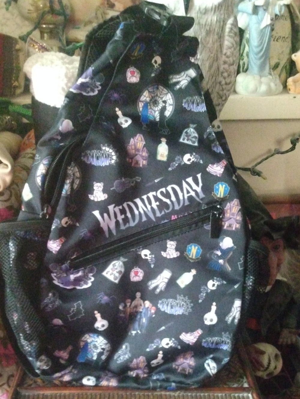 Wednesday Addams Themed Black Graphic Sling Backpack